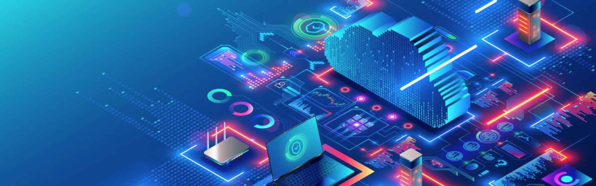 Cloud technology. Cloud computing. Devices connected to digital storage in data center via internet. IOT. Smart home. Communication laptop, tablet, phone and domestic devices with online database.